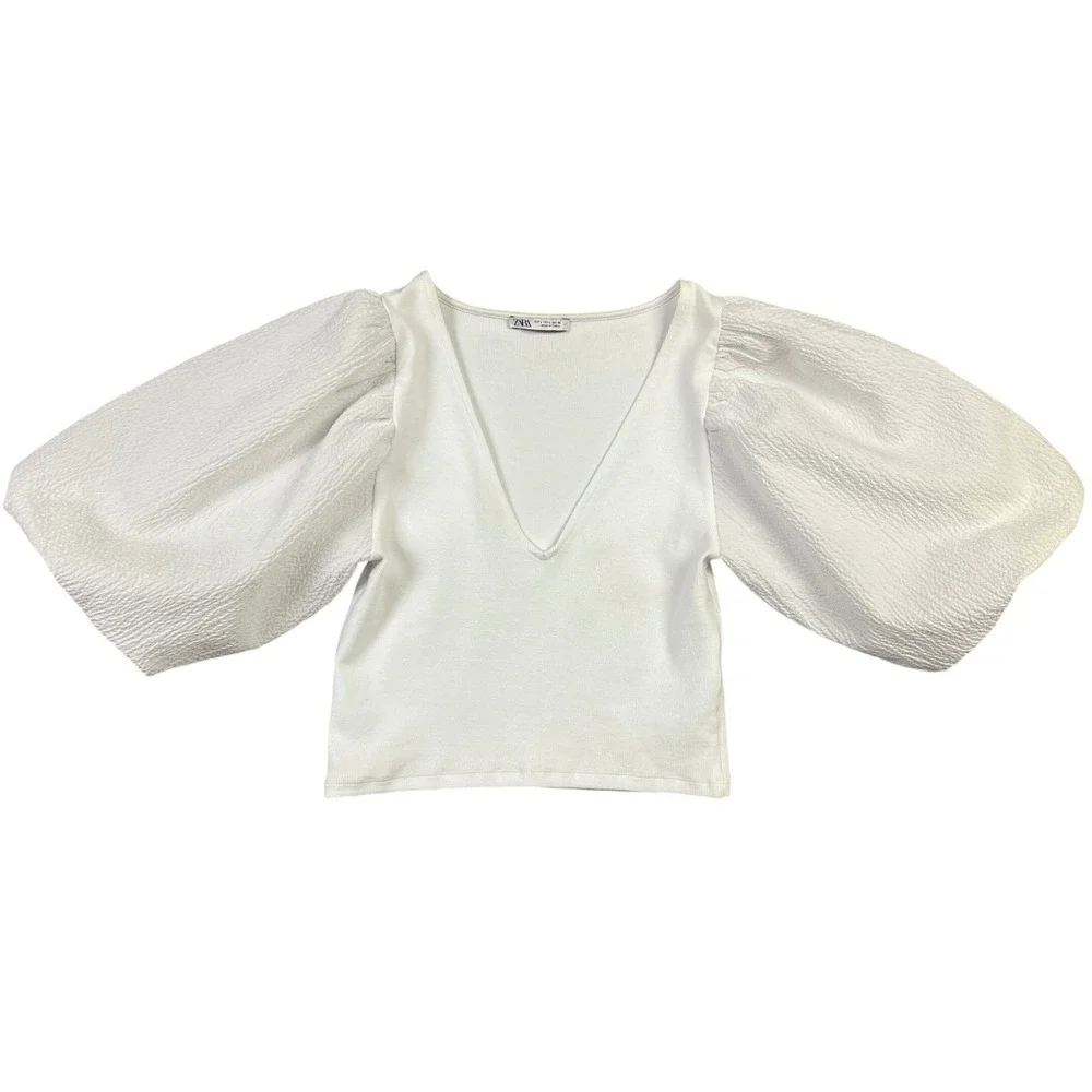 Zara Top Statement Ribbed Knit V‎ Neck White Puff Seersucker Sleeve Turkey L